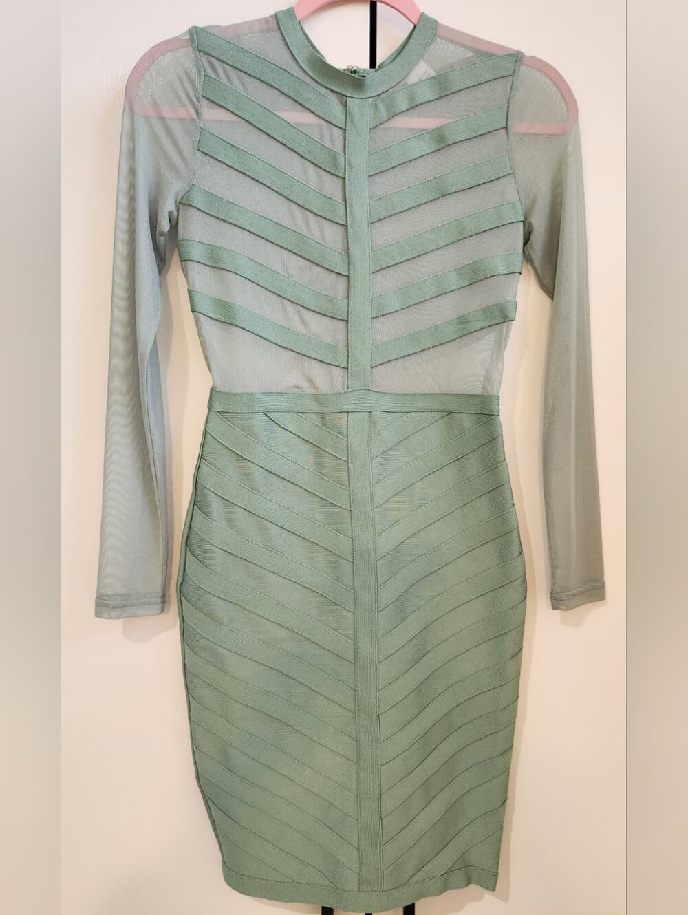 Black Label Sage Green Sheer Mesh Bandage Long Sleeve Mini Dress Size Small